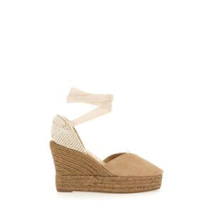 MANEBI Women's Suede Wedge Espadrille with Ankle Ties Women Beige Sandals